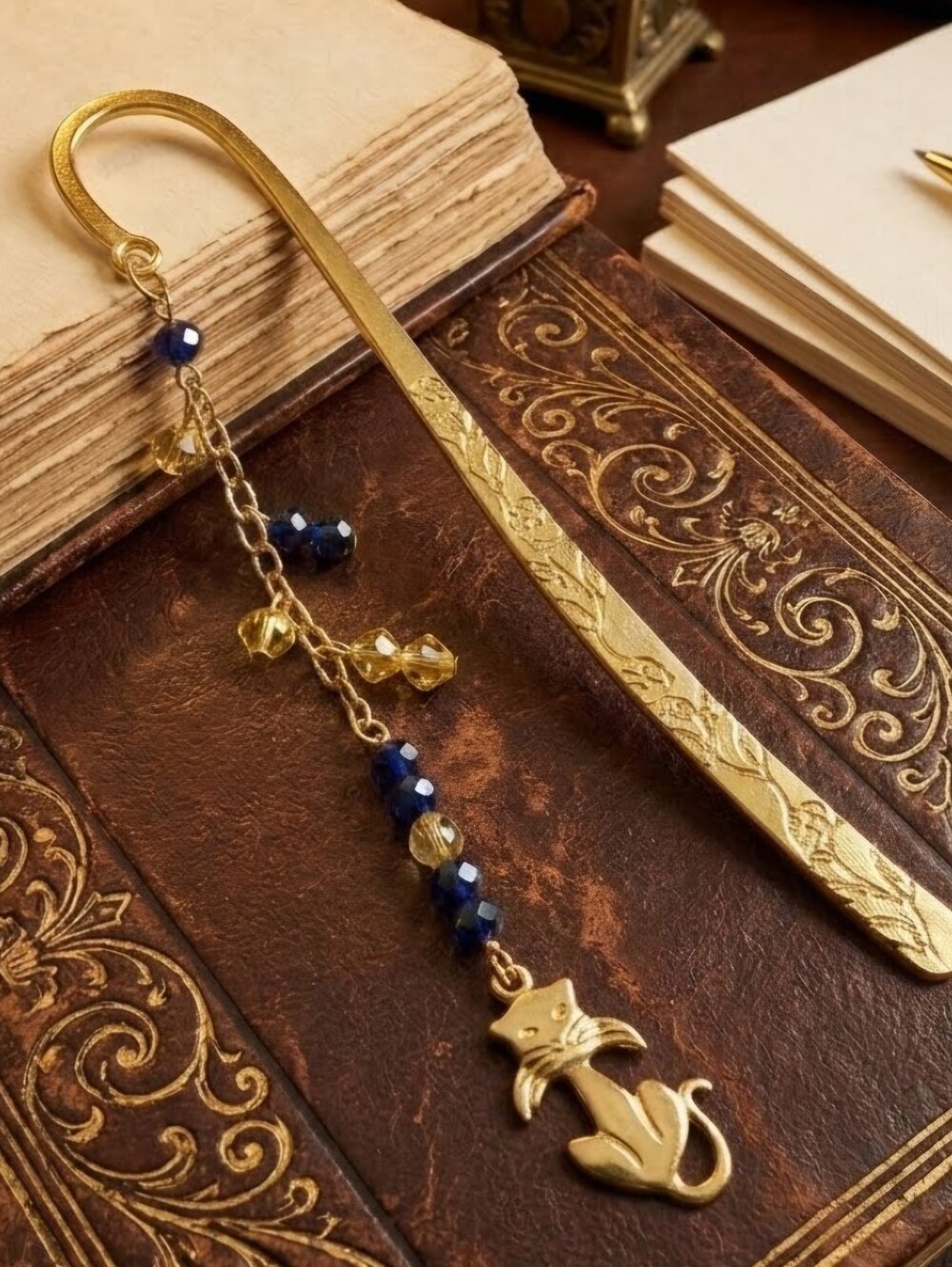 Gold Tone Cat Bookmark with Blue and Yellow Beads